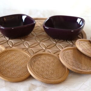 ensemble plateau sous-verres bambou fleur de vie